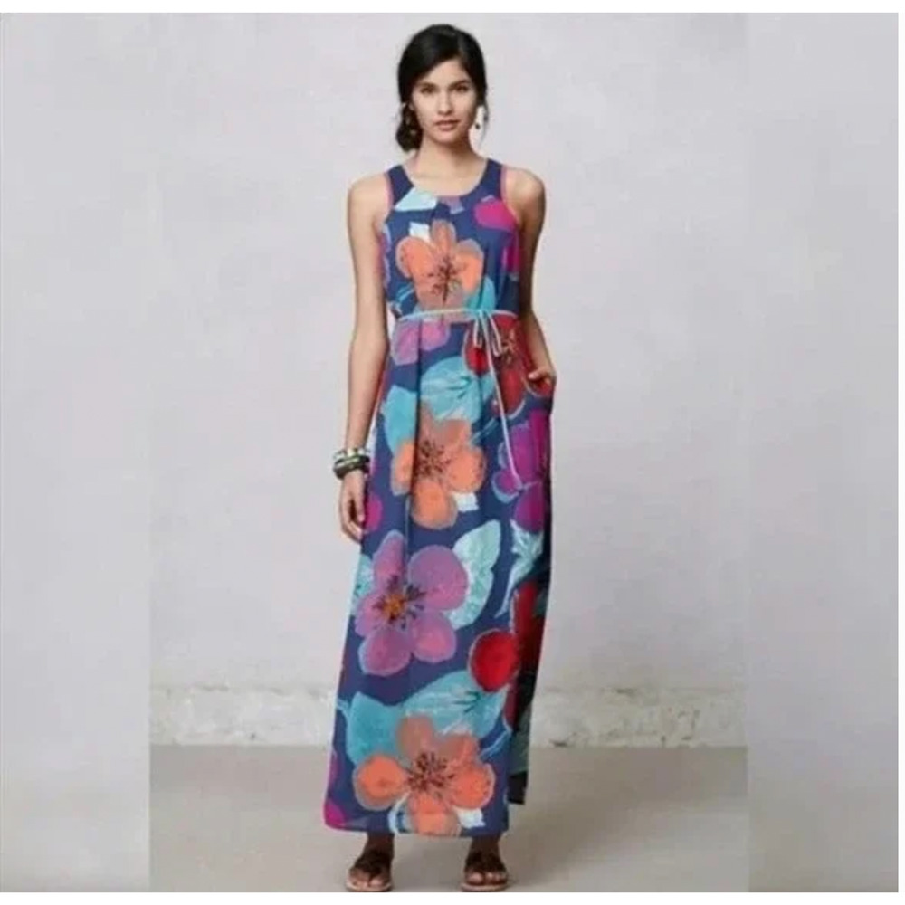 Anthropologie Navy Floral Maxi Dress with Bright Blooms